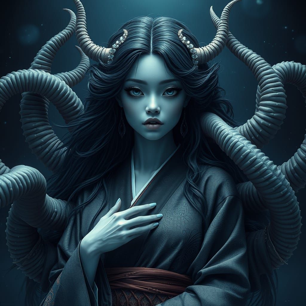Graceful Octopus Demon in Dark Kimono