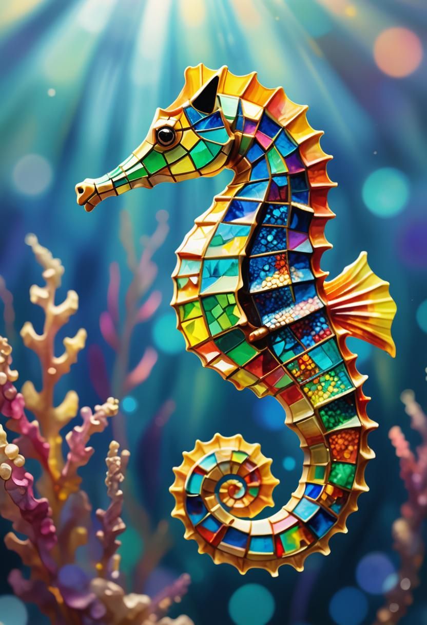 Watercolor Mosaic Seahorse with Dynamic Lighting