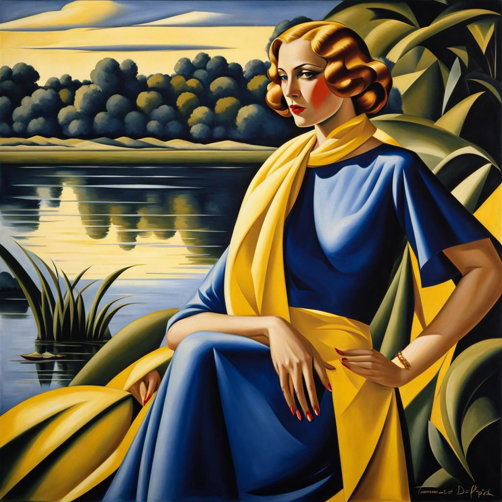 Elegant Woman at Riverbank in Art Deco Style