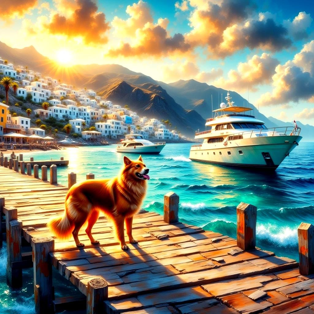 Rustic Pier Sunset with Golden Retriever and Luxury Yacht in...