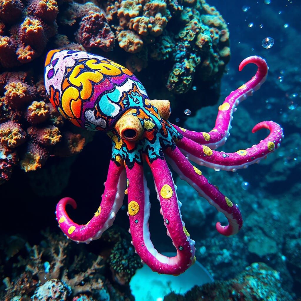 Graffiti Squid in a Neon Underwater Art Gallery