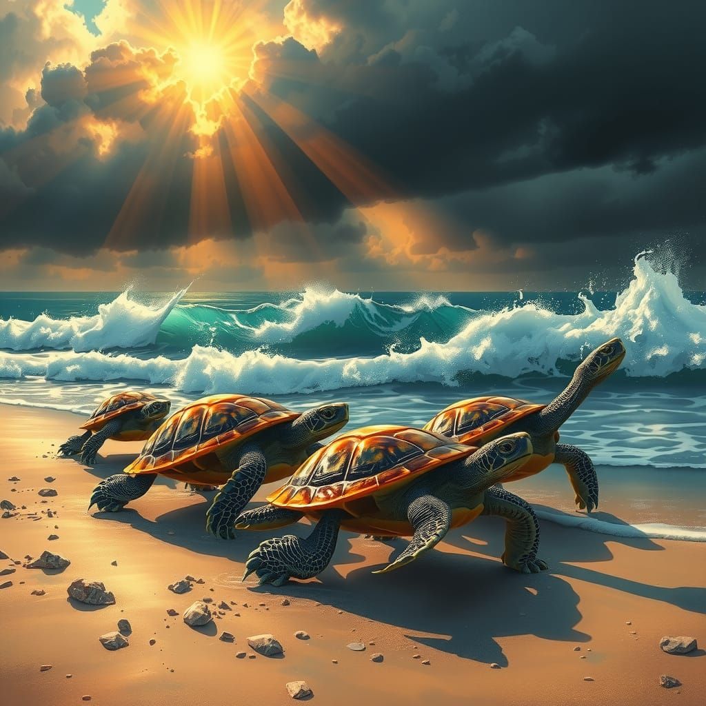 Turtles Journey to the Ocean: Painterly Beach Scene