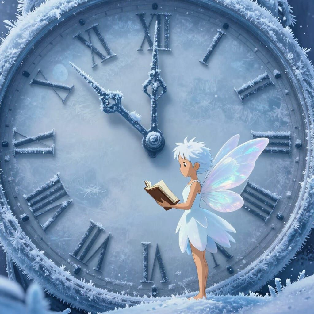 Tiny Snow Fairy Beside Frozen Clock