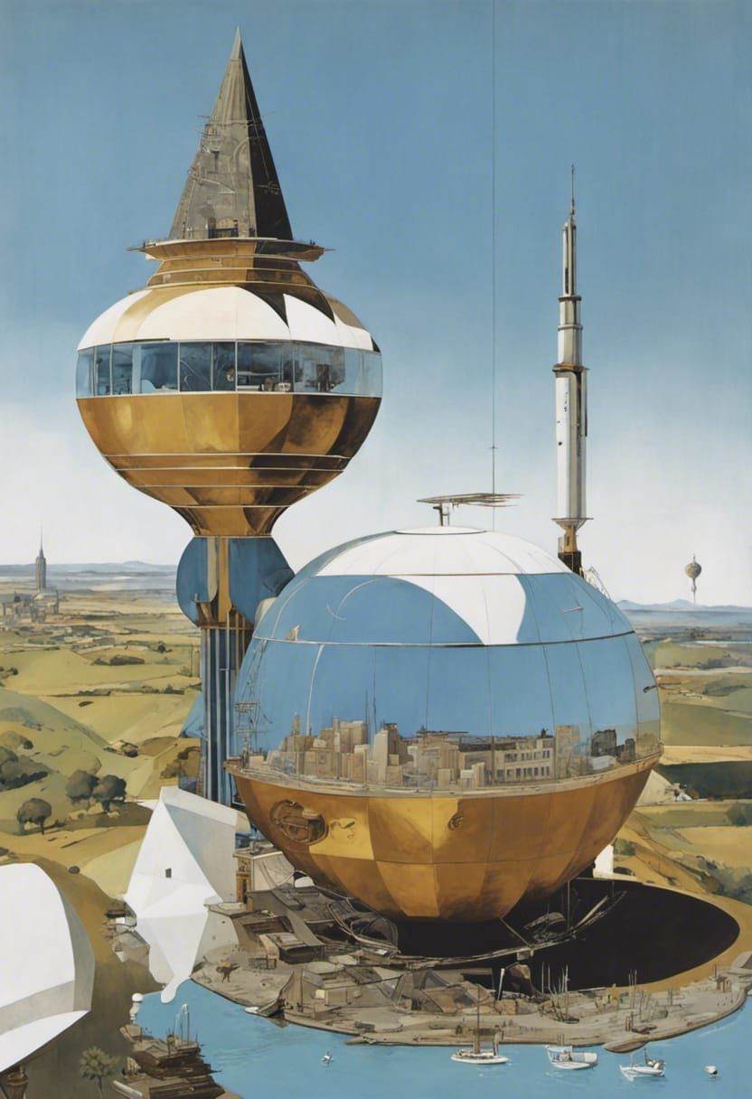 Art Deco Spaceport with Dirigibles and Neon Circuitry