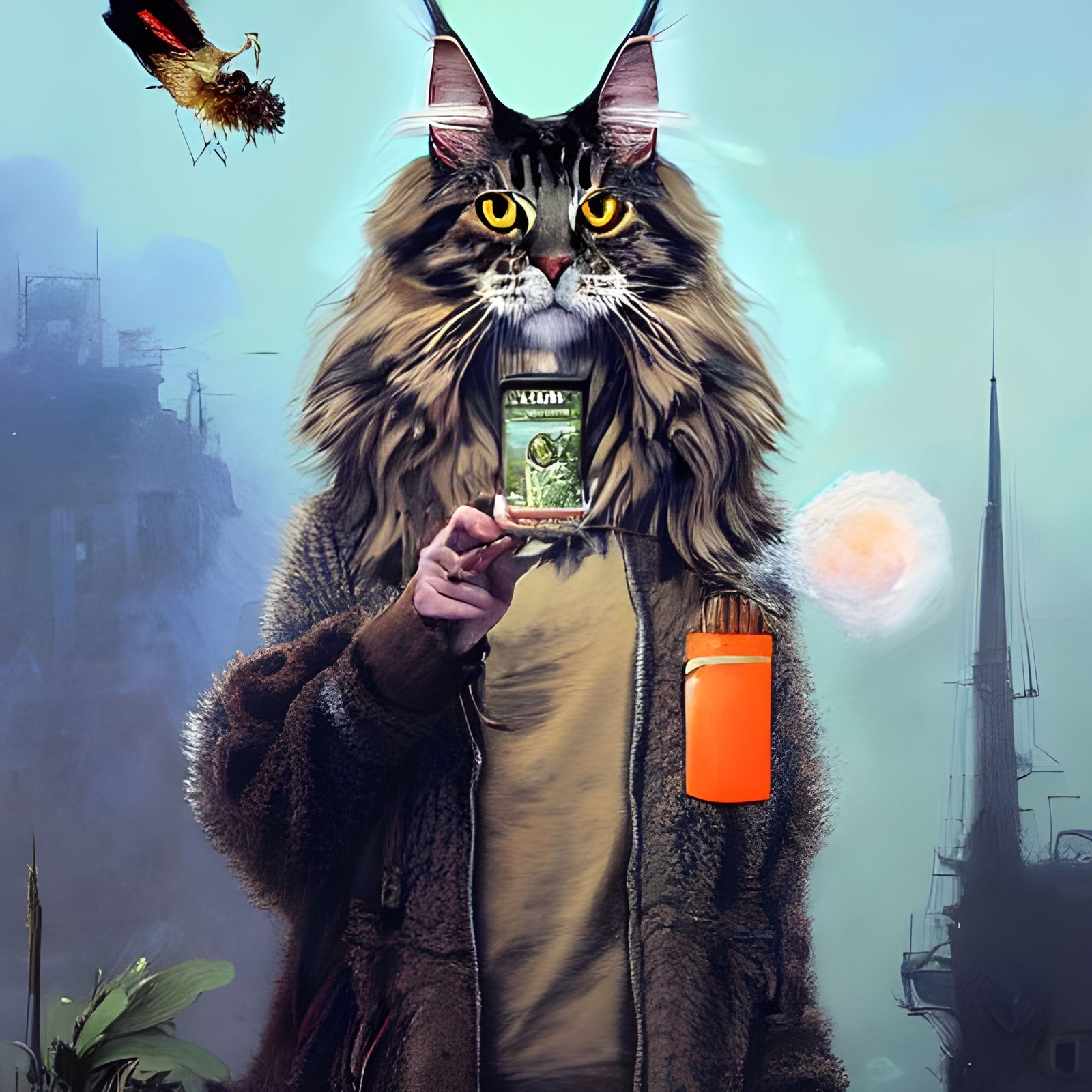 Mainecoon Cat Smoking: Fantasy Album Cover Art