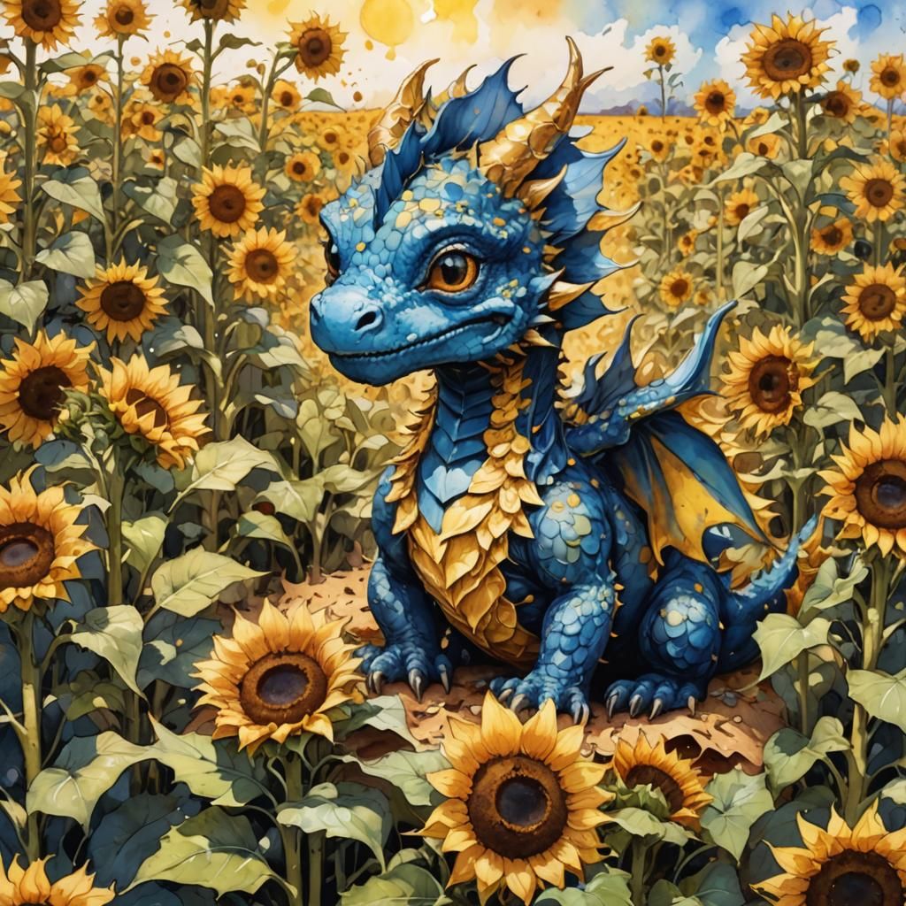 Blue Sunflower Dragon in Impressionistic Watercolor