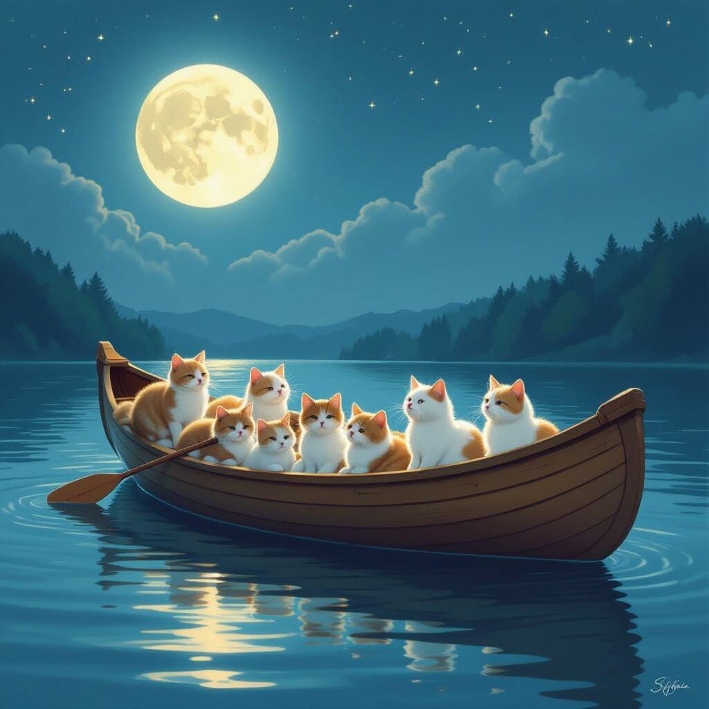 Cats in a Canoe Under the Moonlight