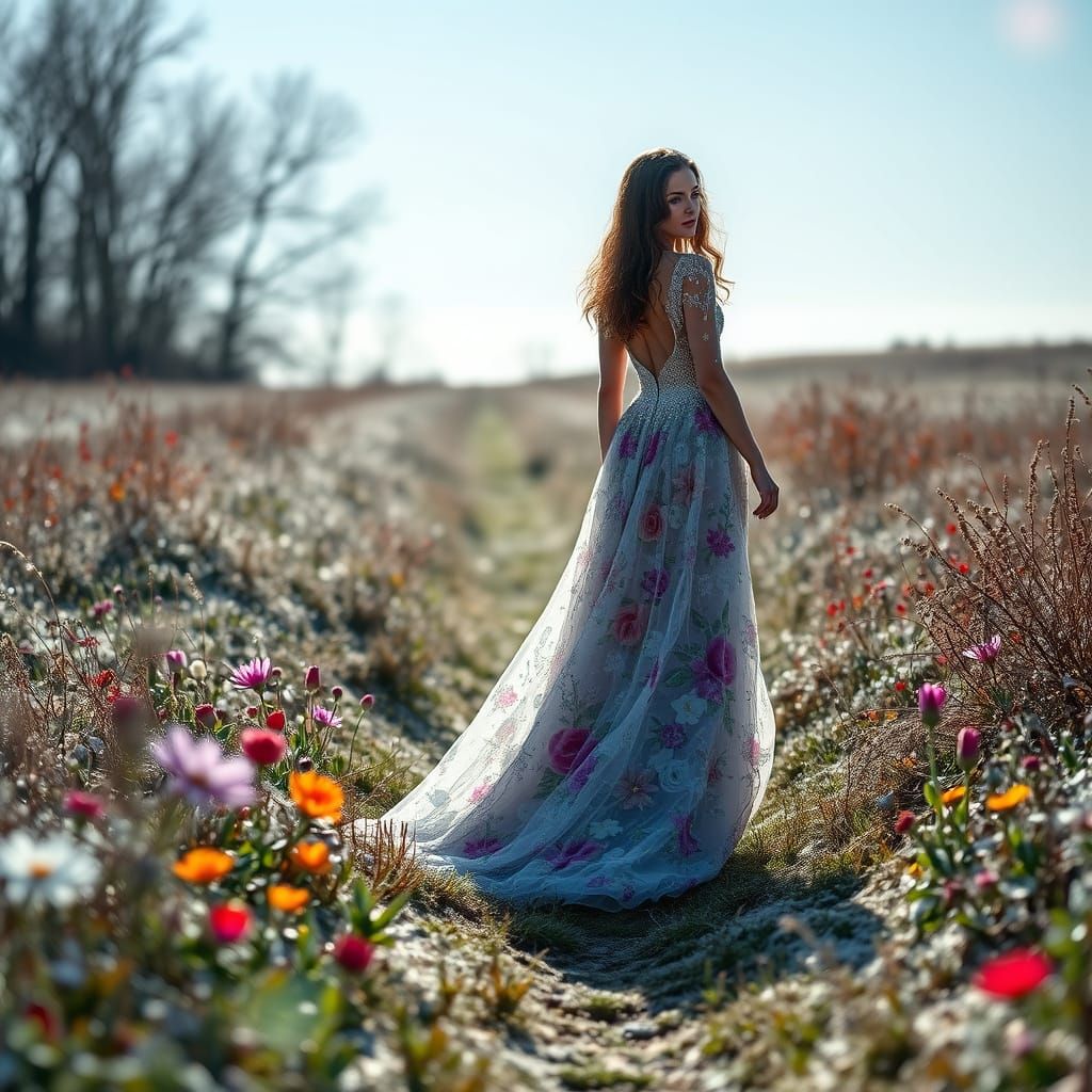 Ethereal Spring Goddess Strolls Through Frozen Meadow in Hyp...