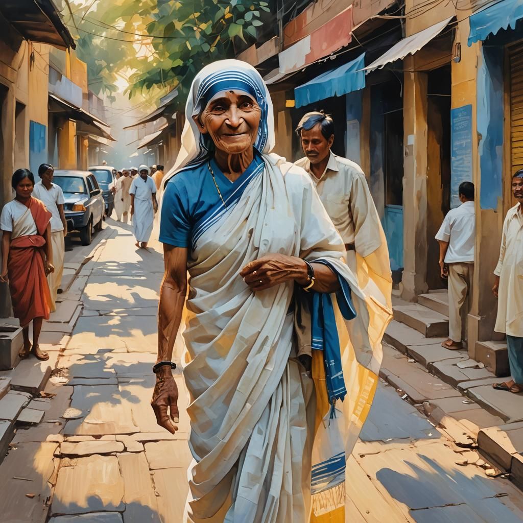 Mother Teresa in Gouache Style Indian Street Scene
