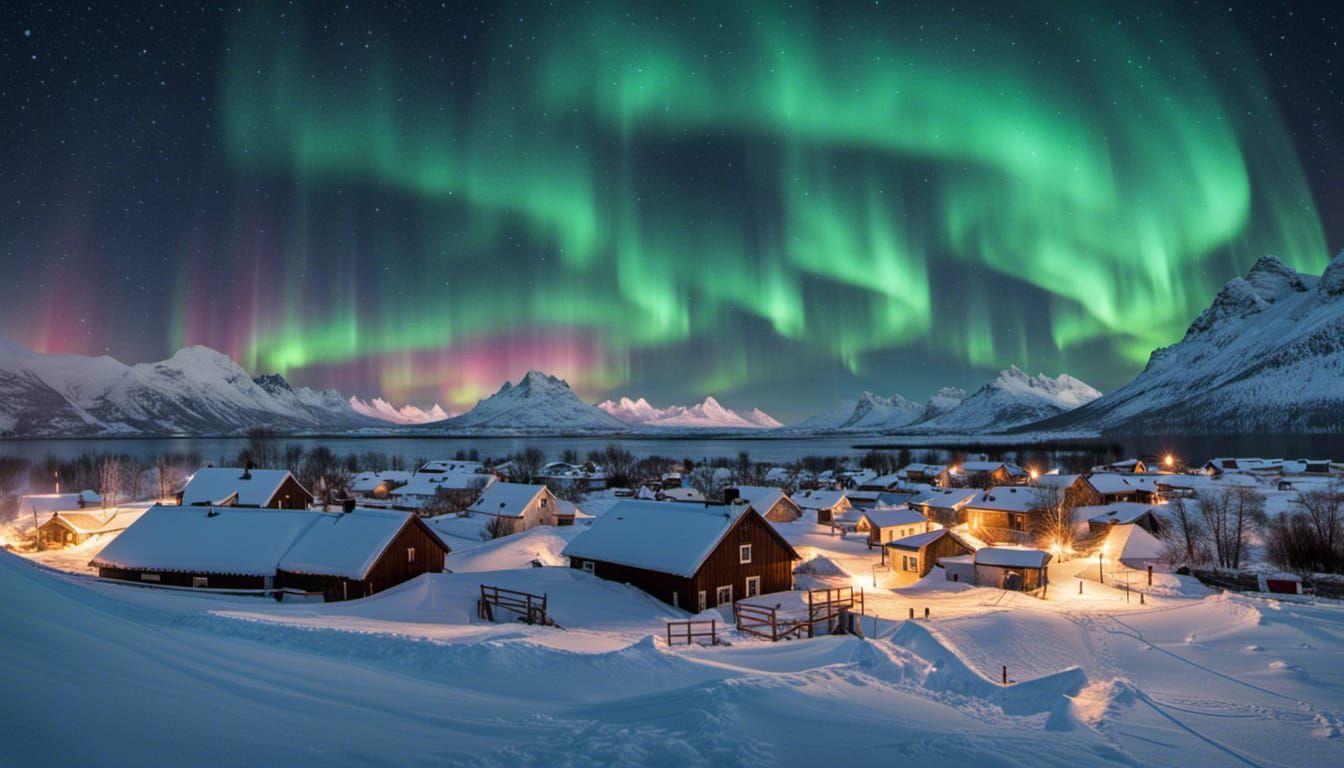 Aurora Borealis Illuminates Icy Village Night