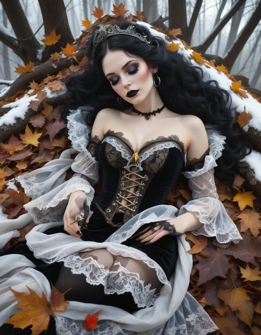 Gothic Pirate Beauty Sleeping in Autumn Forest
