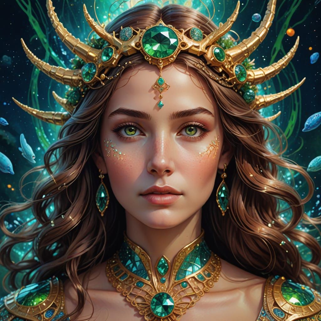 Oceanid Goddess Filyra Portrait in Vivid Holographic Style