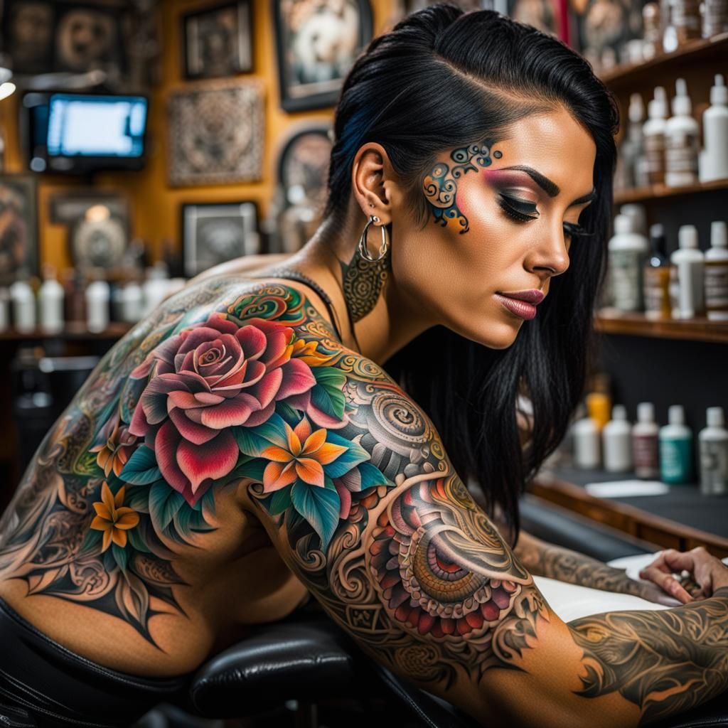Colorful Back Tattoo in Tattoo Parlor