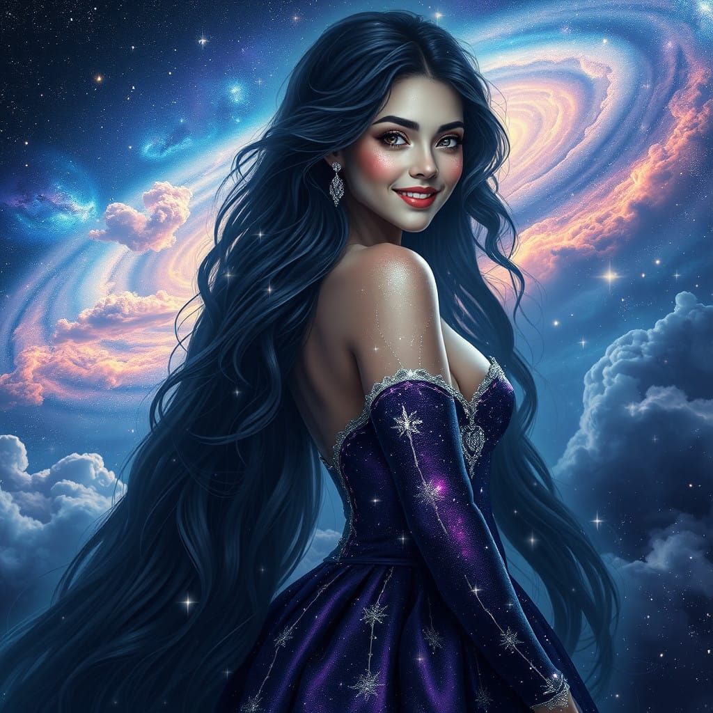 Majestic Sorceress Amidst Swirling Galaxies and Cosmic Cloud...