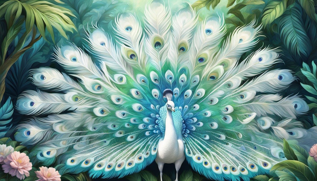 Majestic White Peacock in a Vibrant Garden