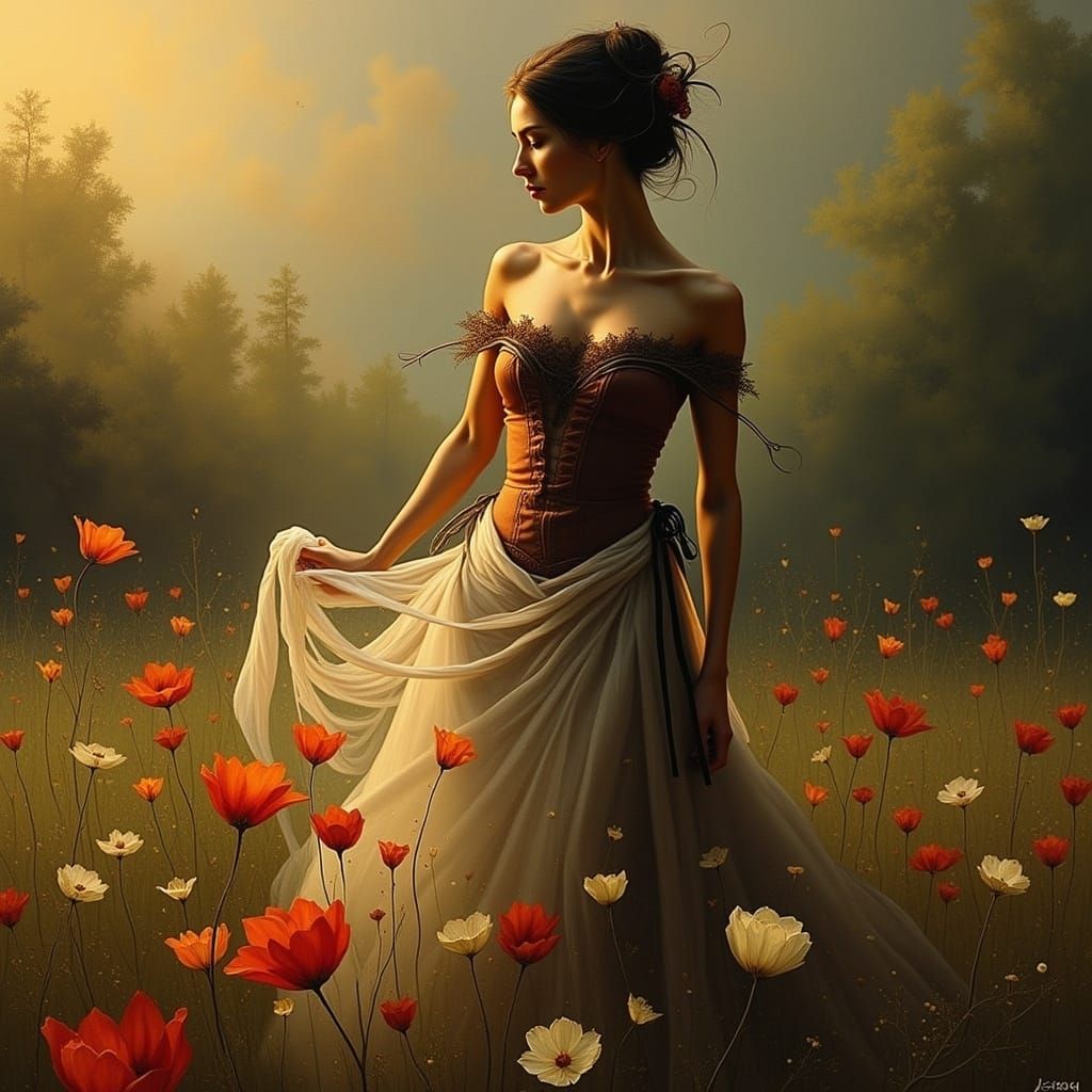 Elegant Woman in Nature, Pre-Raphaelite Impressionism