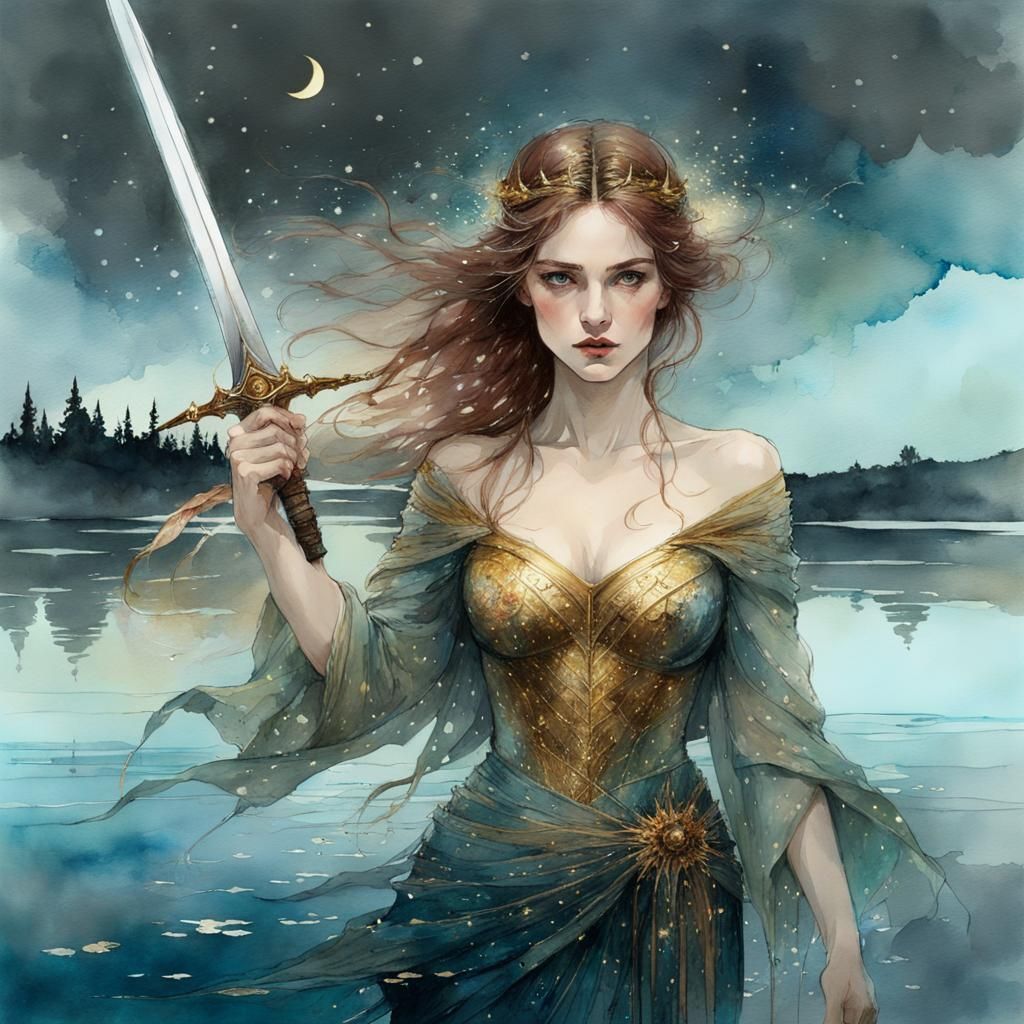 Lady of the Lake: Digital Watercolor Fantasy Scene