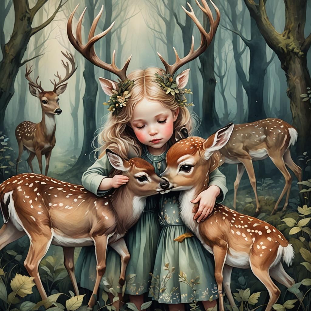 Toddlers Hugging Deer in Forest, Painterly Style