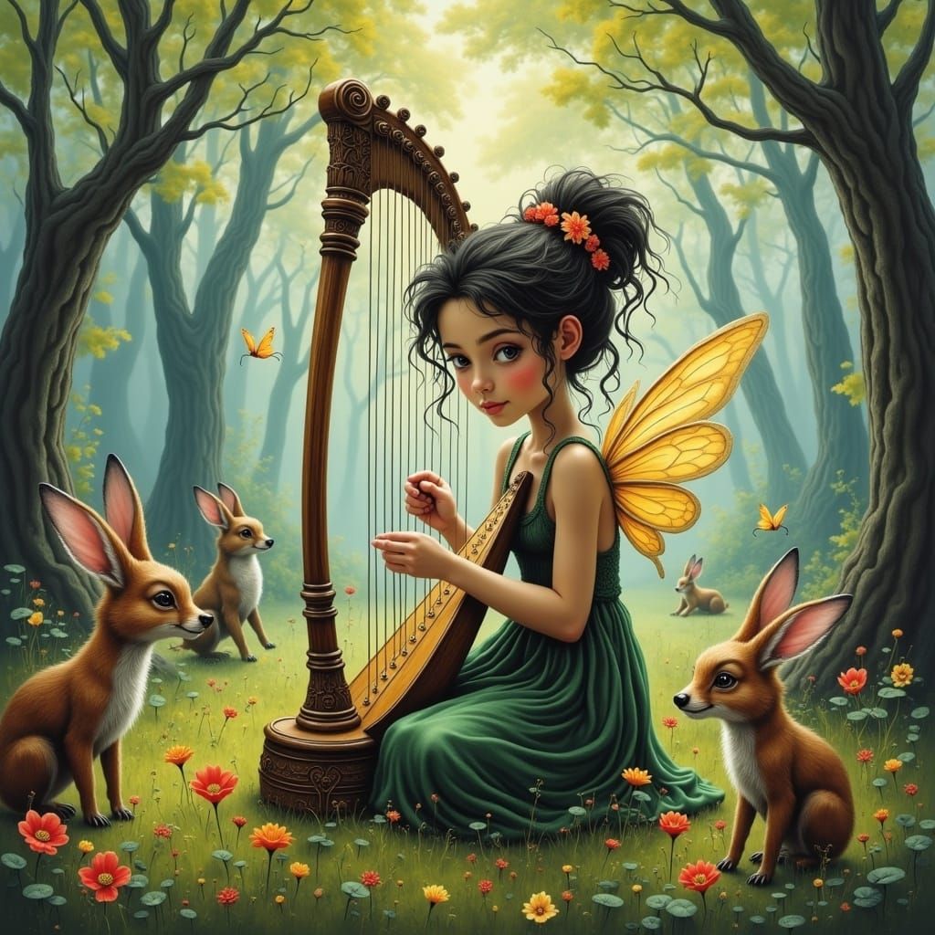Enchanting Fairy Plays Harp in Forest Watercolor