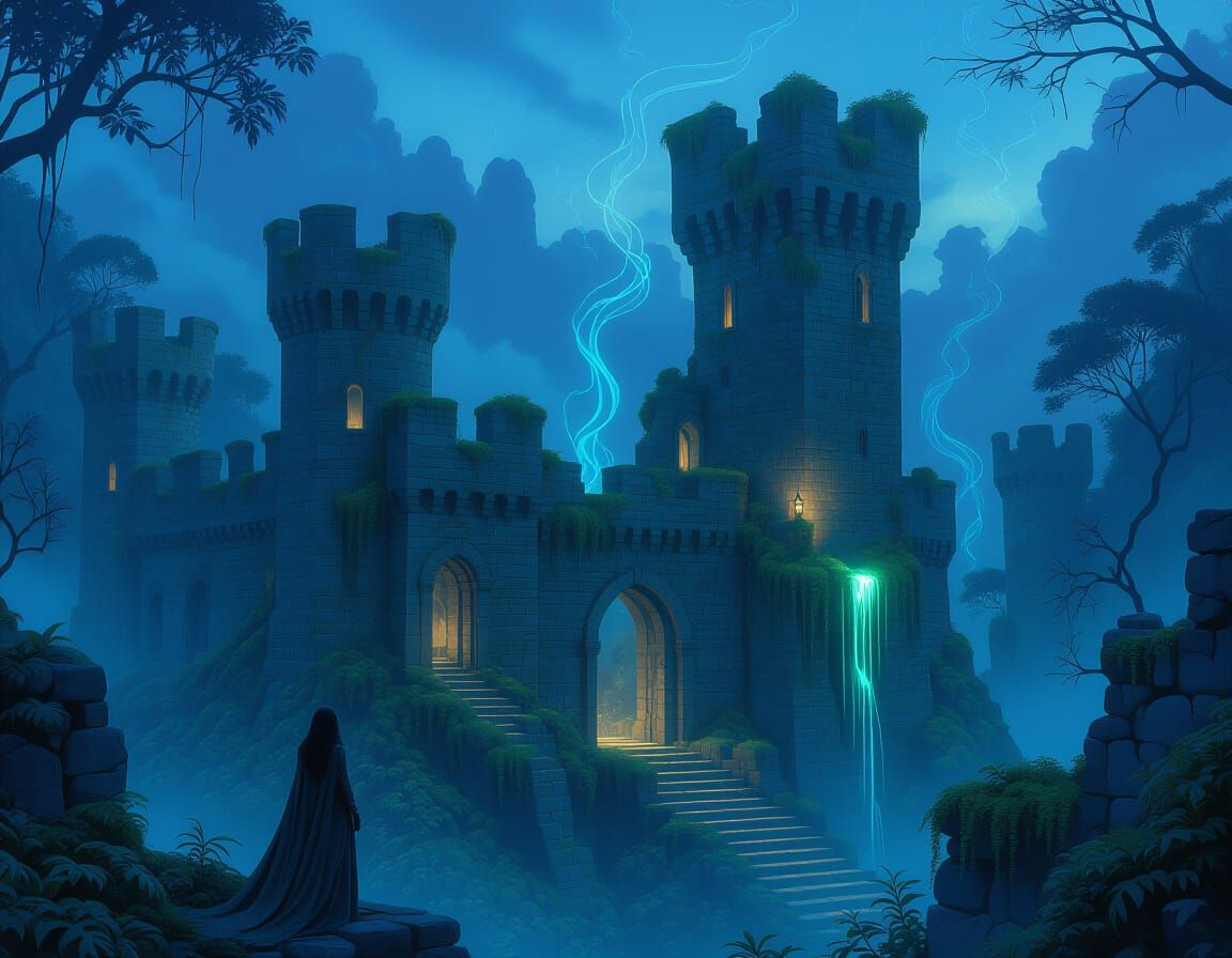 Ancient Castle in Bioluminescent Jungle at Twilight