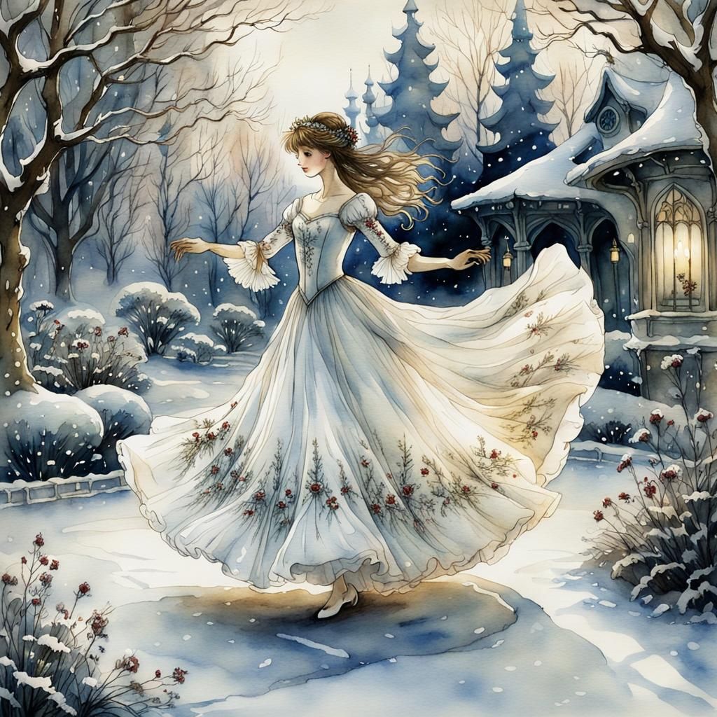 Fairytale Girl Dances in Winter Garden Watercolor