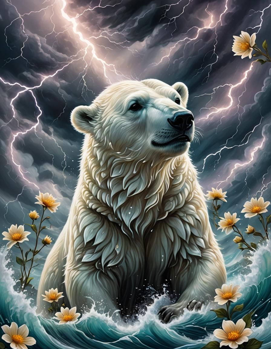 Majestic Polar Bear Enchants with Glowing Magical Blooms Ami...