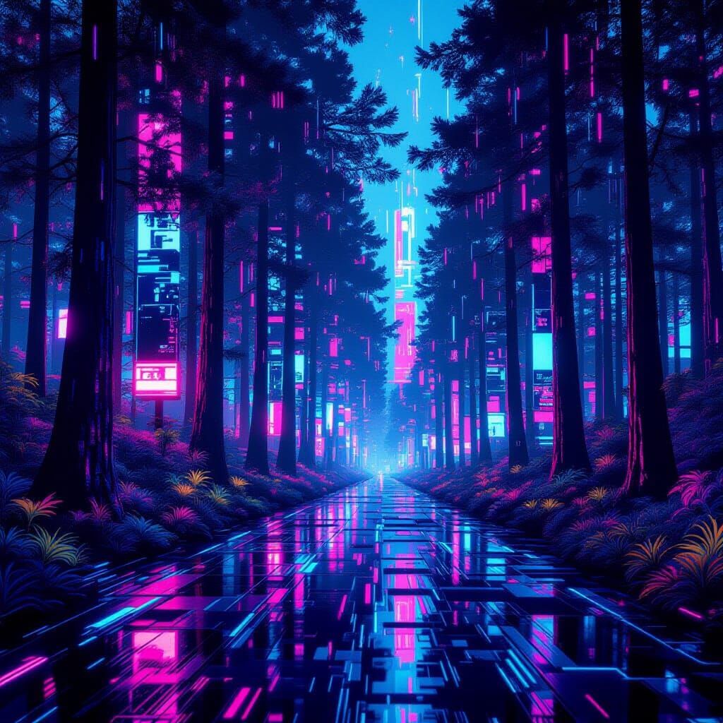 Synthwave Forest with Glitching Trees in Retro-Futuristic St...