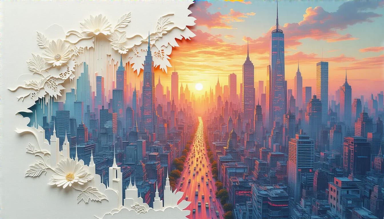 Futuristic Cityscape: Paper Art, Oil Painting & Sketch Fusio...