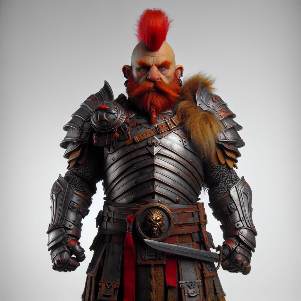 Futuristic Dwarf Warrior with Red Mohawk in Armor