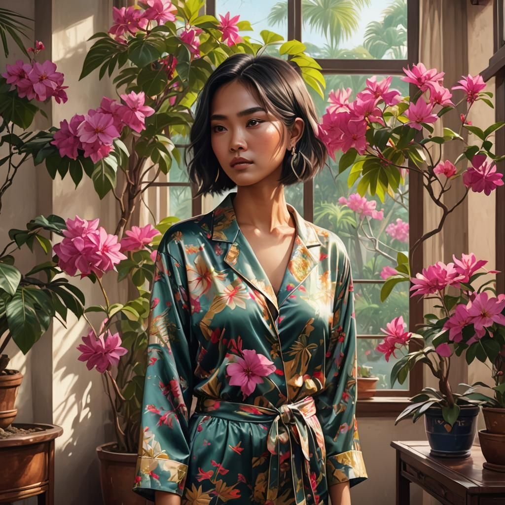 Matte painting of a gorgeous Myanmar teenage girl in bob haircut, wearing Crane & Tropical Print Satin Pajama Set, Summe...