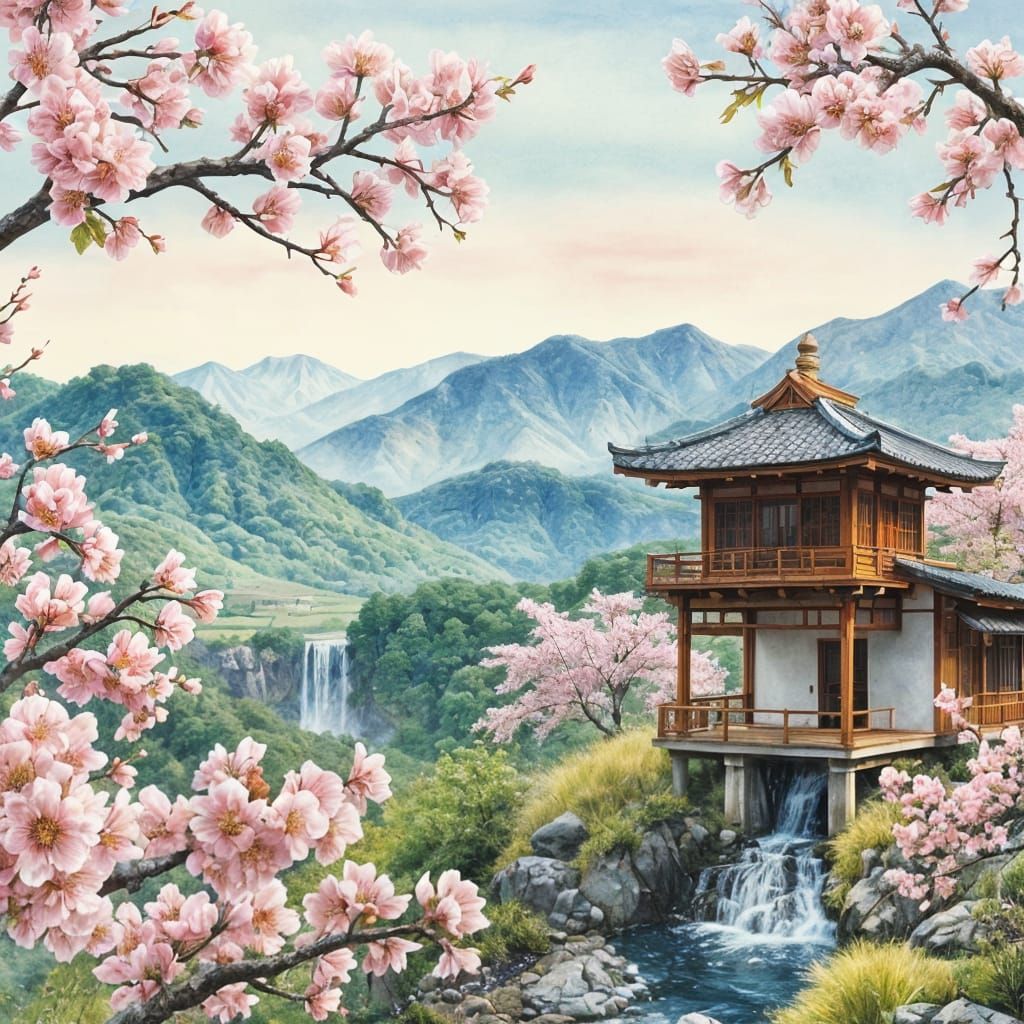 Traditional Japanese Tea House Amidst Cherry Blossom Valley