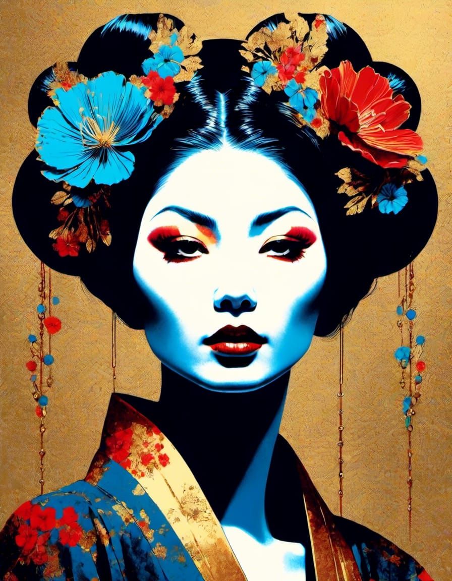 Geisha with Flowers: Magical Realism in Pop Art Style
