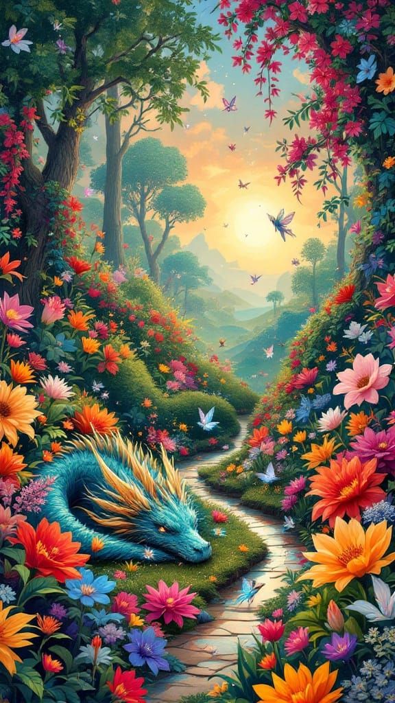 Dreamlike Garden Scene in Whimsical, Abstract Style