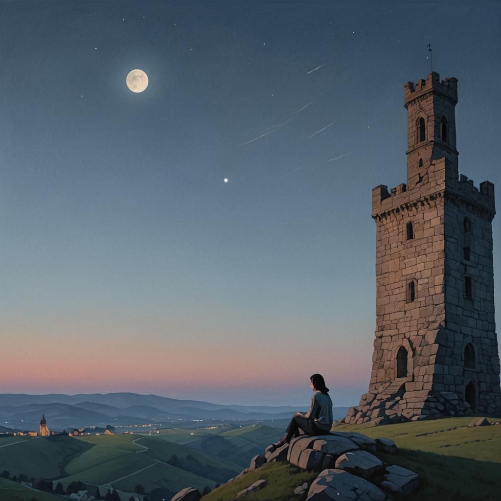 Girl on Hilltop at Twilight, Photorealistic Style