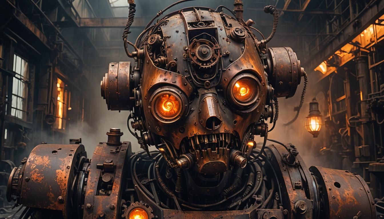Industrial Horror: Steam-Powered Robot in Abandoned Factory