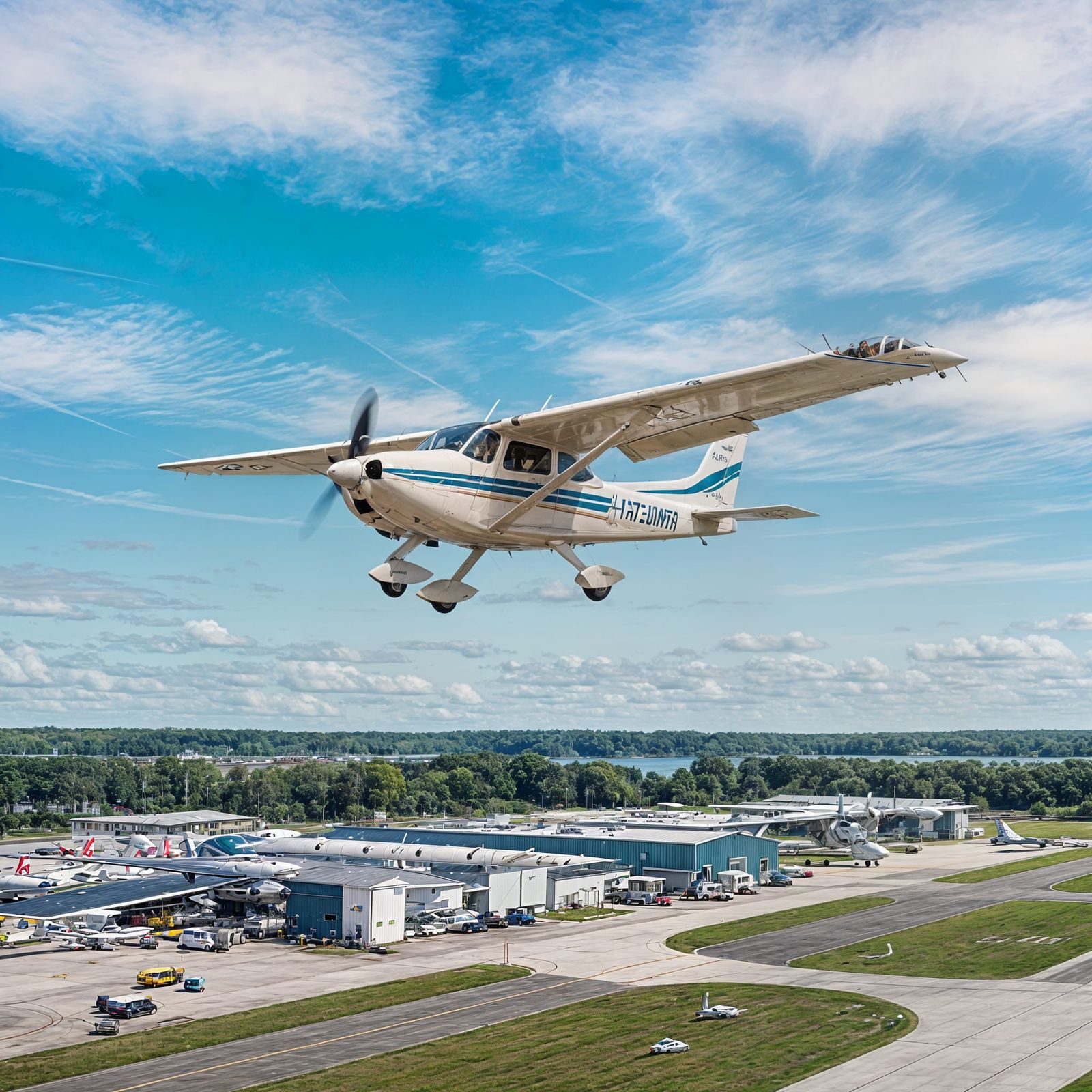Cessna Aircraft Soars Above Airport Runway