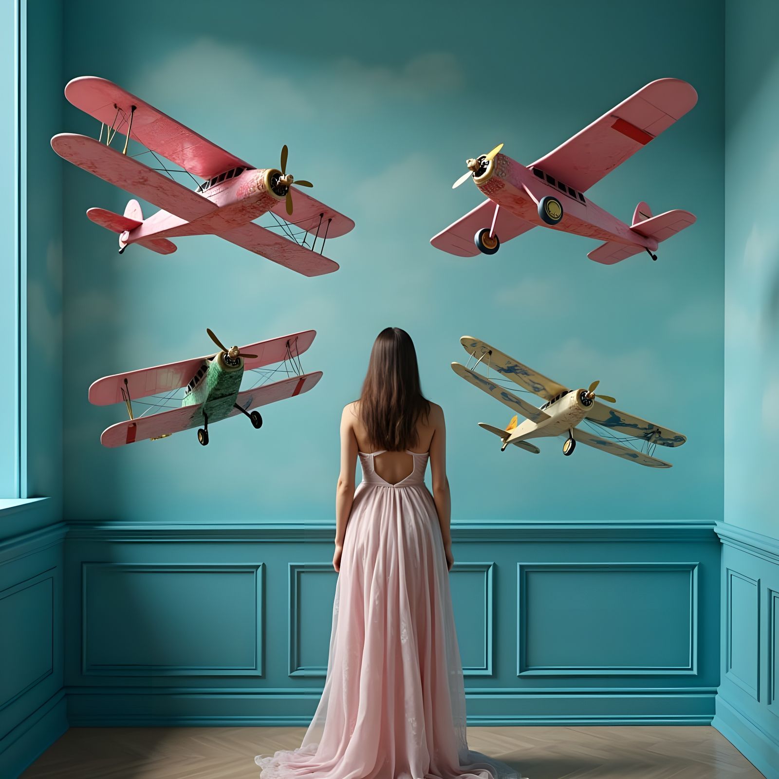 Surreal Pink Airplanes in Dreamlike Sky