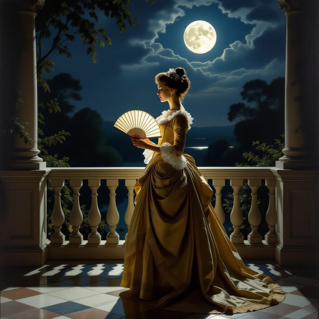 Aristocratic Woman on Balcony Overlooking Moonlit Garden