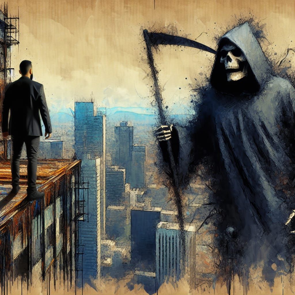 Grim Reaper and Man on Skyscraper Edge