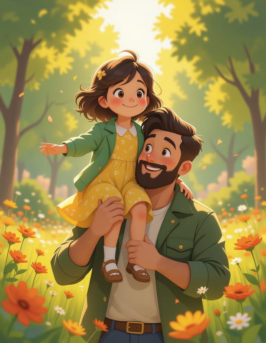 Baby Girl on Shoulders in Park, Cartoon Style