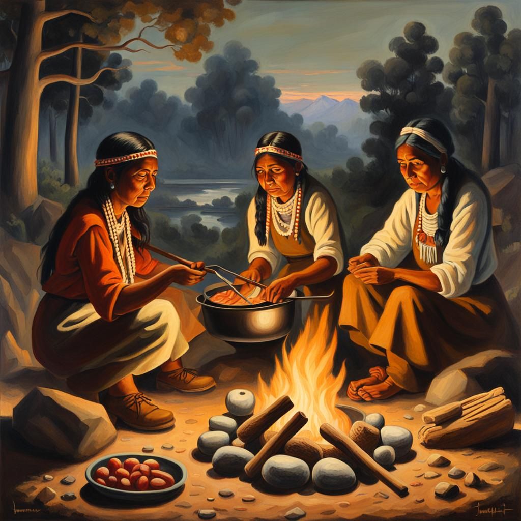 Native American Women Cook in Regionalist Style