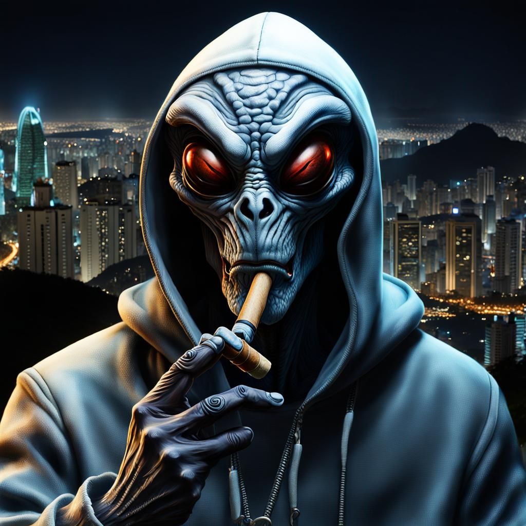 Hooded Alien Smoker in Rio, Hyperrealistic Style