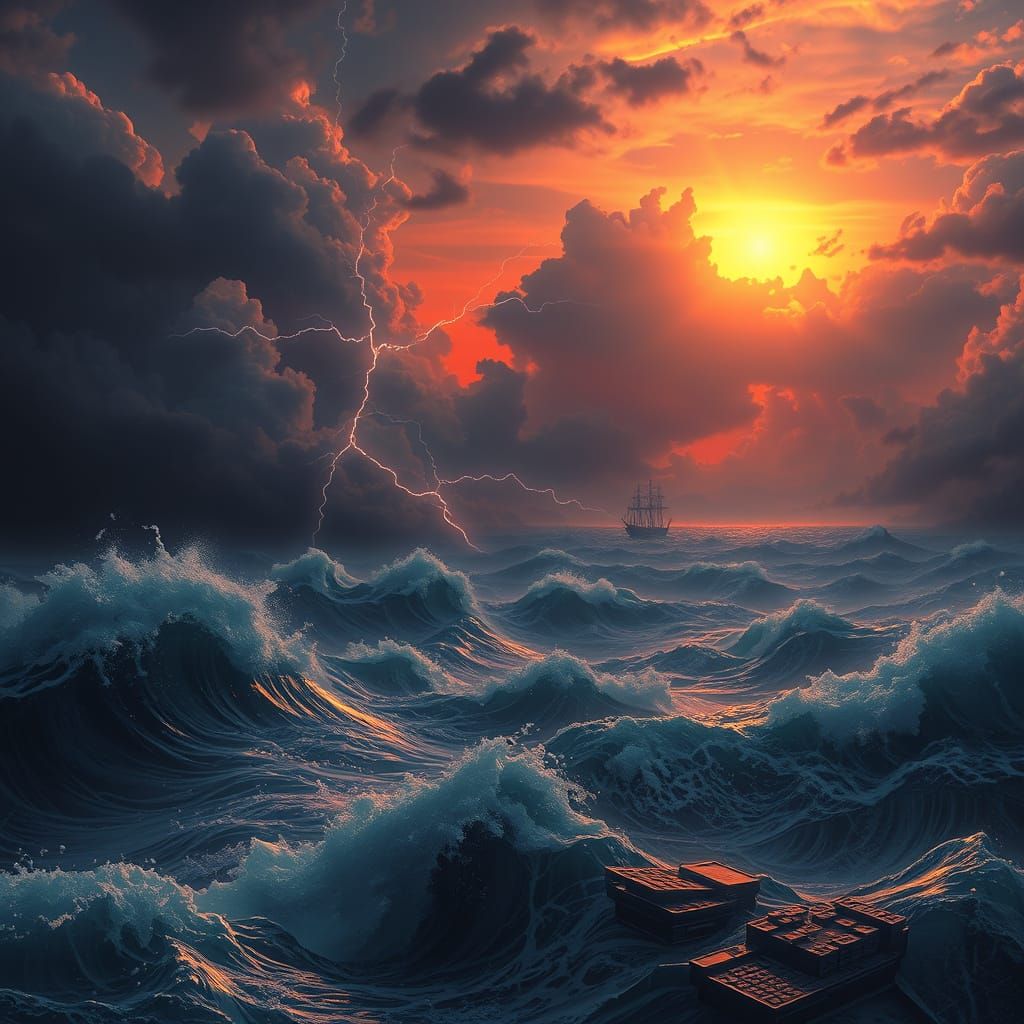 Dramatic Sunset Storm with Lightning, Dark Fantasy Art