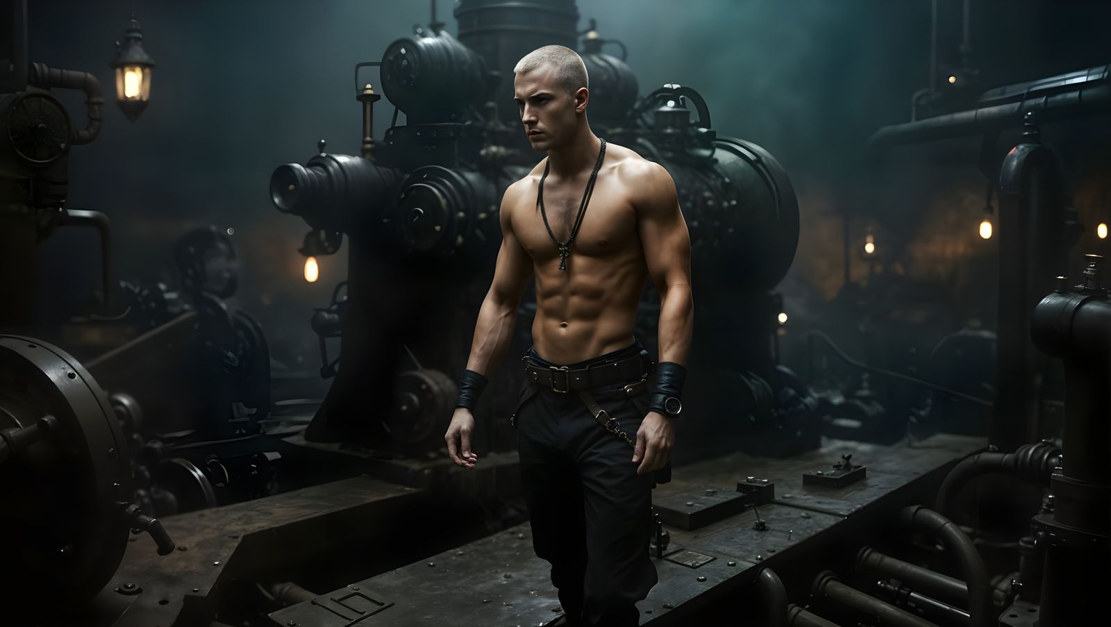 Steampunk WWI Sailor on Engine, Photorealistic Style