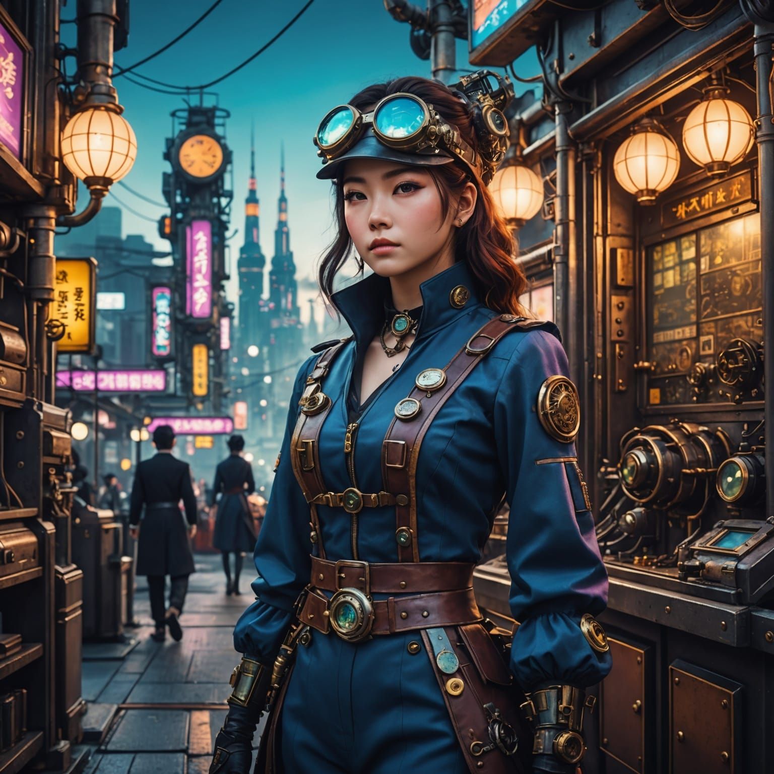 Steampunk Mechanic Overlooking Tokyo: Retro-Futuristic Art