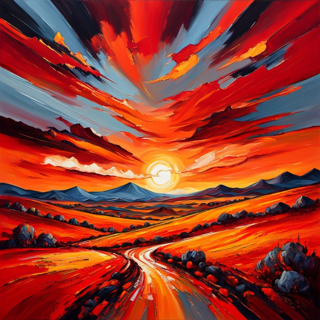 Expressionist Red Landscape Oil Painting