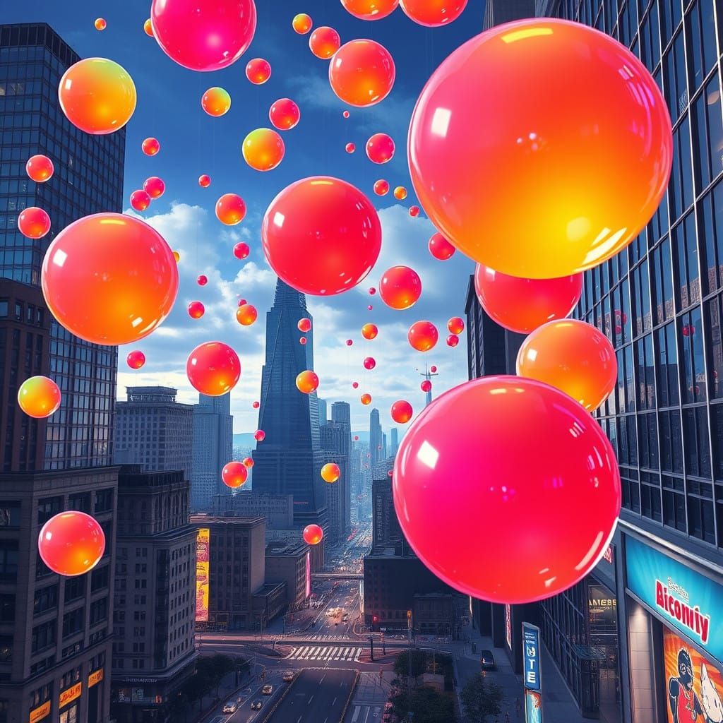 Glossy Bouncy Balls Rain Down on City in Vibrant Acrylic Sty...