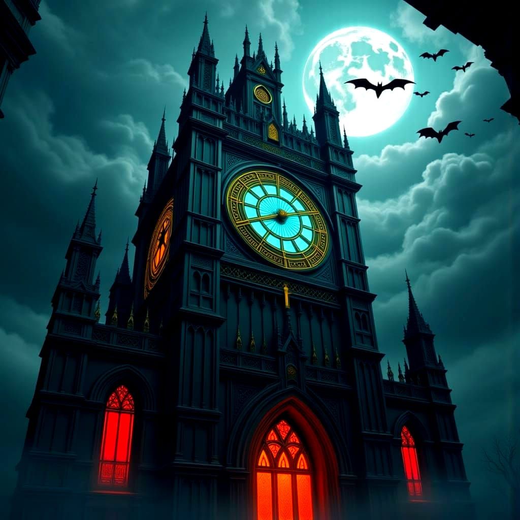 Gothic Clock Tower Under Bioluminescent Moon