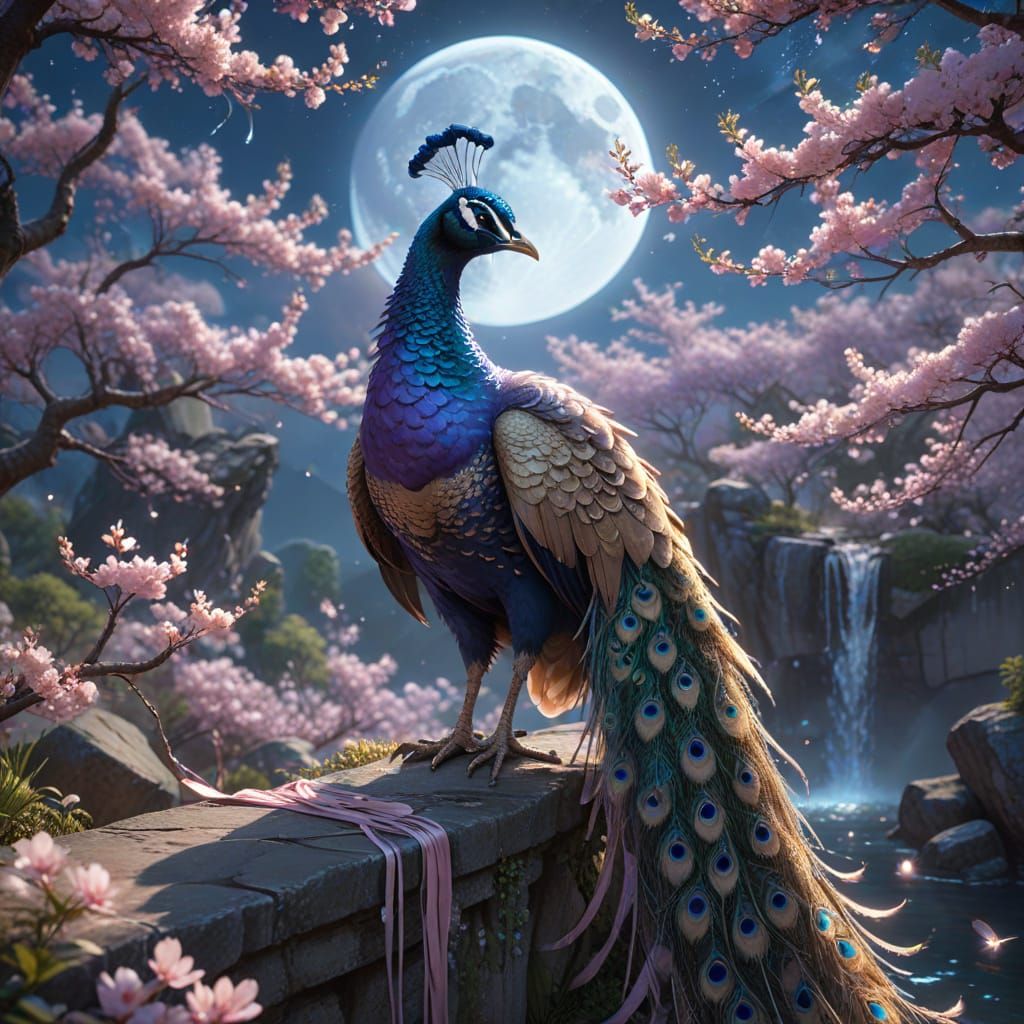 Pastel Peacock on Moonlit Ledge with Cherry Blossoms