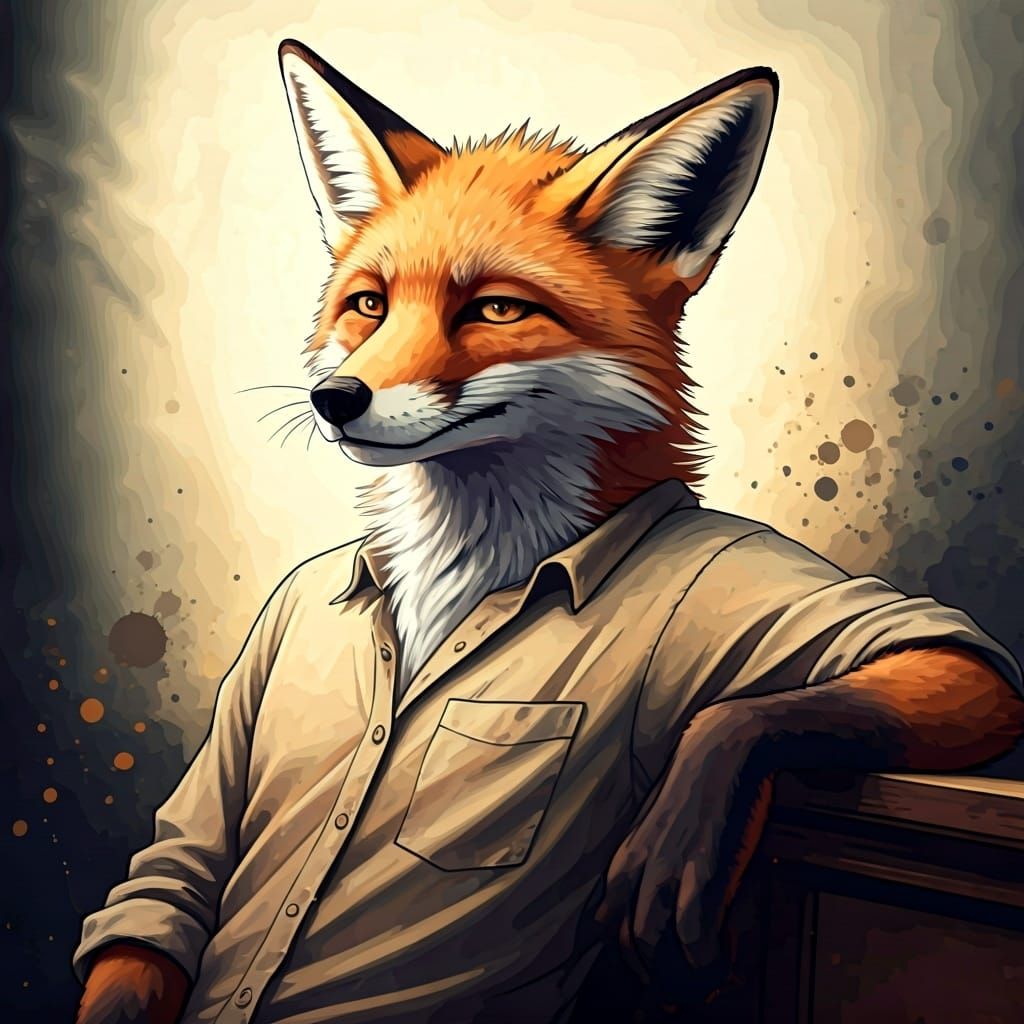 Anthropomorphic Fox in Expressive Ink Splatter Watercolor